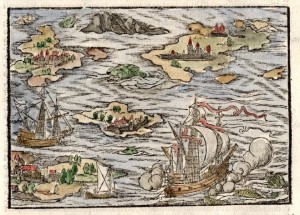 22.00 Woodblock Sea Battle- Rare Old Map for Sale